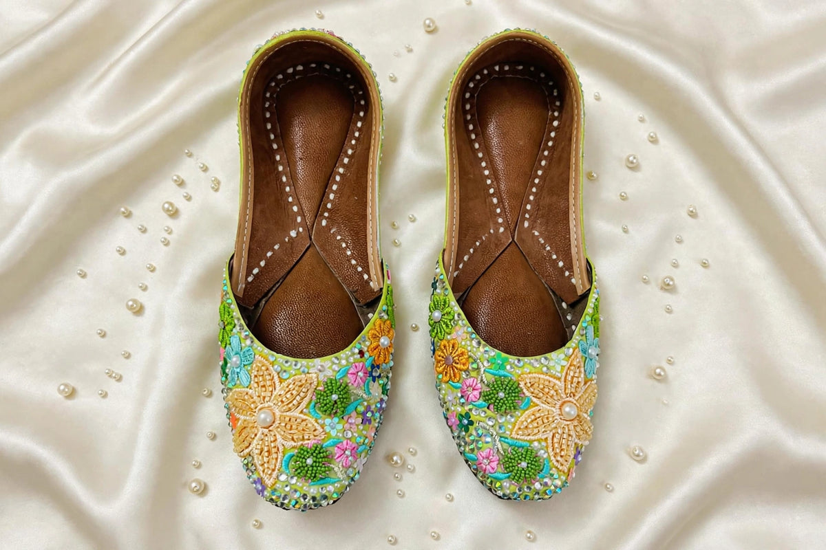 FUNKY N TRENDY “Green Pastel Garden Handcrafted Juttis – Floral Magic” - Green Carnival juttis