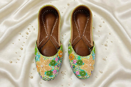 FUNKY N TRENDY “Green Pastel Garden Handcrafted Juttis – Floral Magic” - Green Carnival juttis