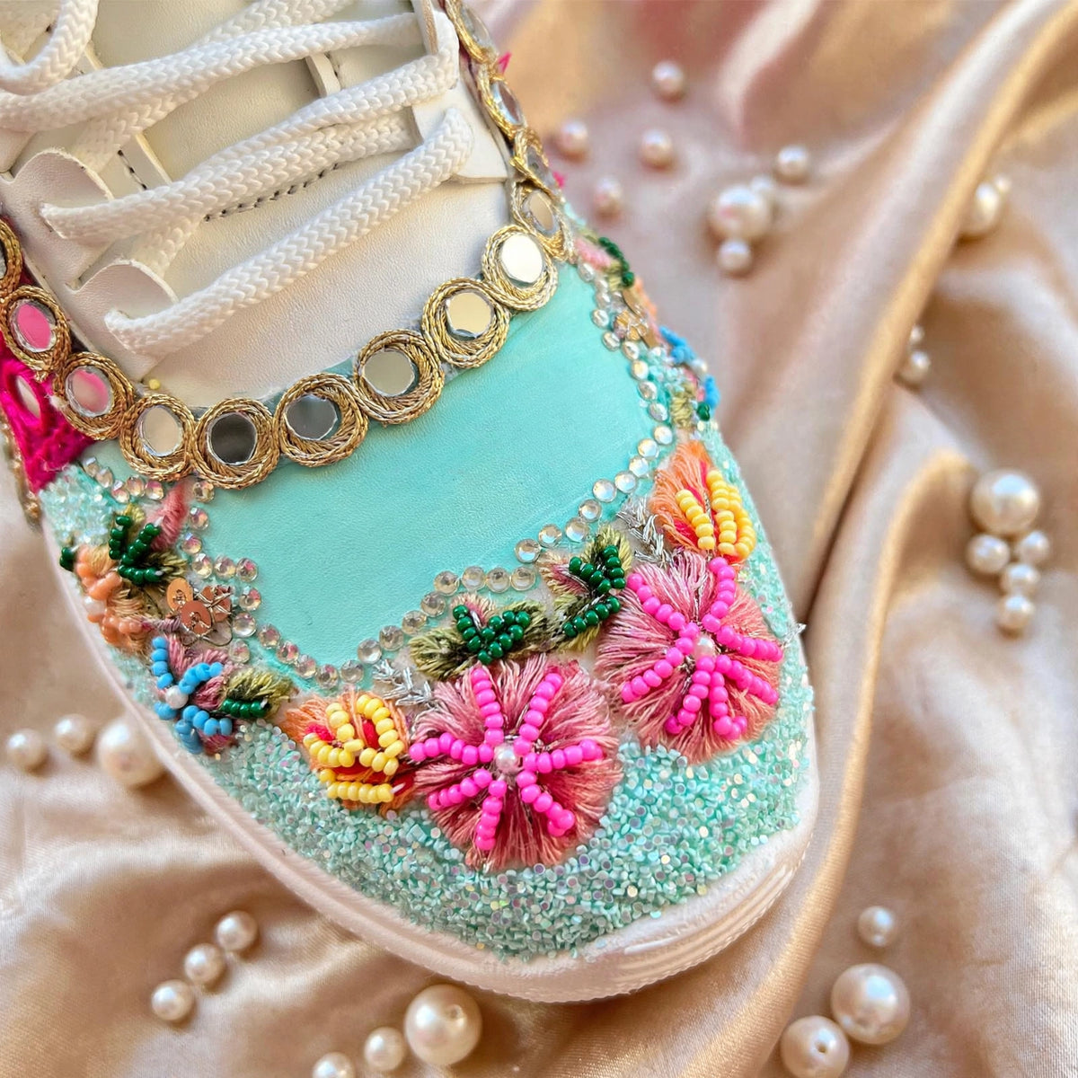 Funky N Trendy hand crafted powder blue theme bridal sneakers/ bridesmaid sneaker / powder blue sneakers/ pink floral theme sneakers / blue pink shoes / floral sneakers