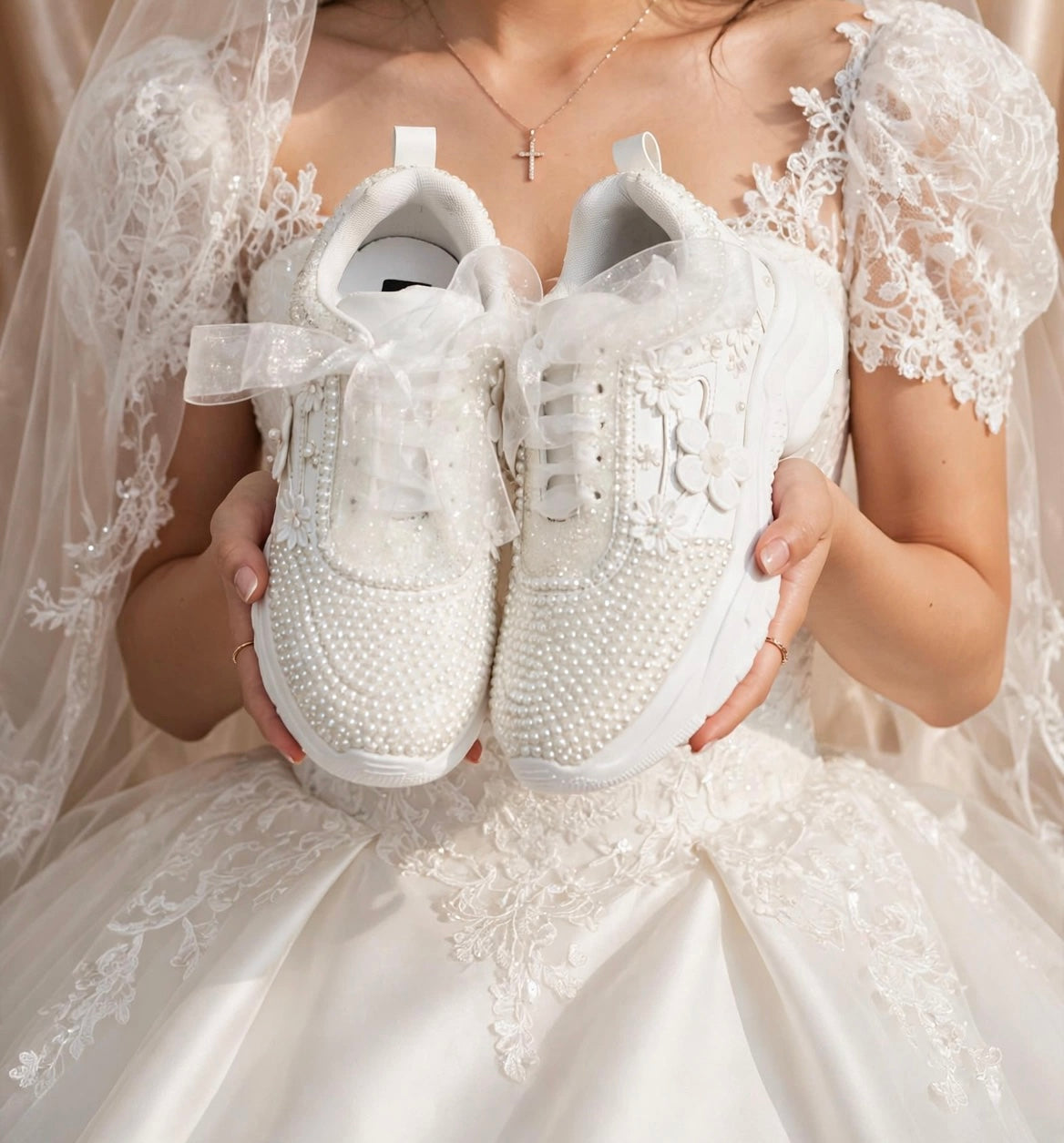 PEARL BLOOM - White Pearl Bridal Sneakers with 3D Floral Appliqué & Organza Ribbon Bows | Luxury Wedding Sneakers for Bride