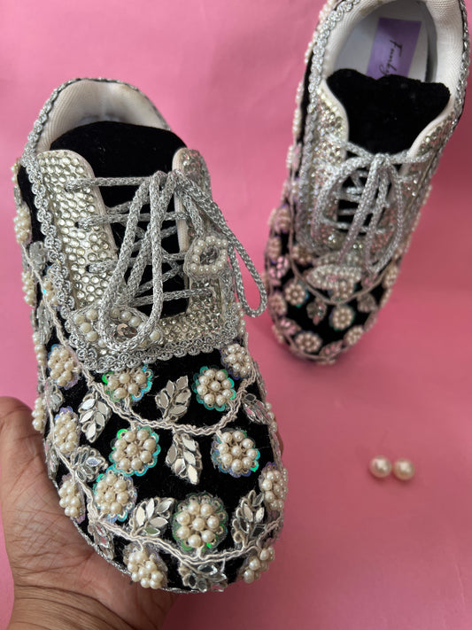 Funky N Trendy handcrafted hand embroidered mirror work bridal sneakers/ bridesmaid sneaker / black sneakers /black boho sneakers/ black shoes / women shoes