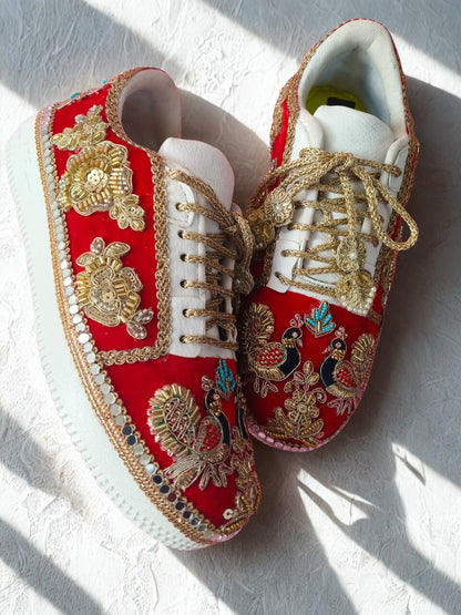 Funky N Trendy Peacock Magic Red Bridal Sneakers – Dance-Ready & Personalised