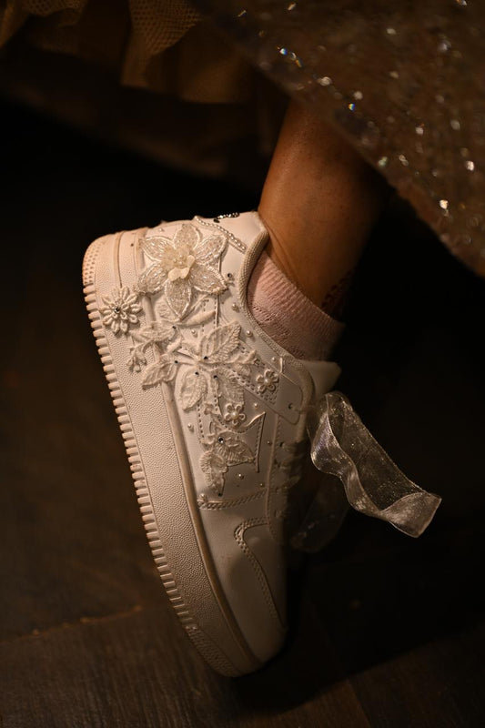 Funky N Trendy white thread work pearl work sneakers with floral detailing / bridal sneakers/ sneaker for bride / white sneakers/ pearl sneakers for bride/custom name initials / wedding date