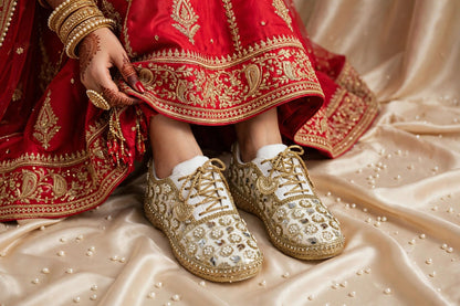 Mirror leaves Pearl blossom Dull gold/ beige Bridal Sneakers – Floral Embroidery” / gold sneakers /ivory sneakers/peach sneakers