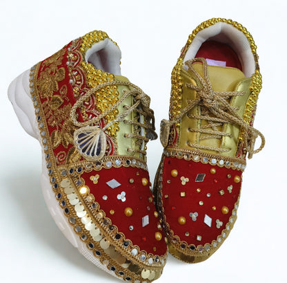 FUNKY N TRENDY red and gold bridal sneakers / bridesmaid sneakers/ golden sneakers / gold sneakers / red shoes / red bridal sneakers / embroidered shoes / embroidered sneakers