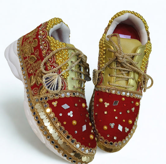 FUNKY N TRENDY red and gold bridal sneakers / bridesmaid sneakers/ golden sneakers / gold sneakers / red shoes / red bridal sneakers / embroidered shoes / embroidered sneakers