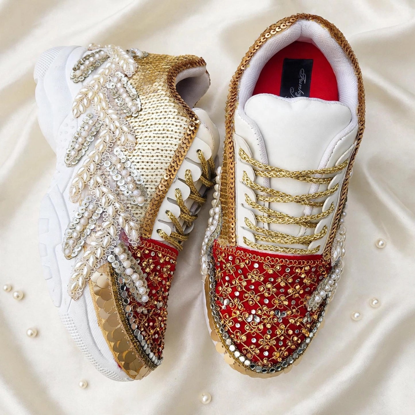 Red & Gold Sequin Bridal Sneakers | Pearl Embellished Wedding Sneakers