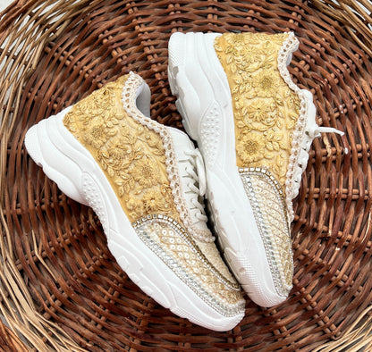 Funky N Trendy ivory / off white embroidery work bridal sneakers/ bridesmaid sneaker / hancrafted sneakers / gold sneakers / golden sneakers