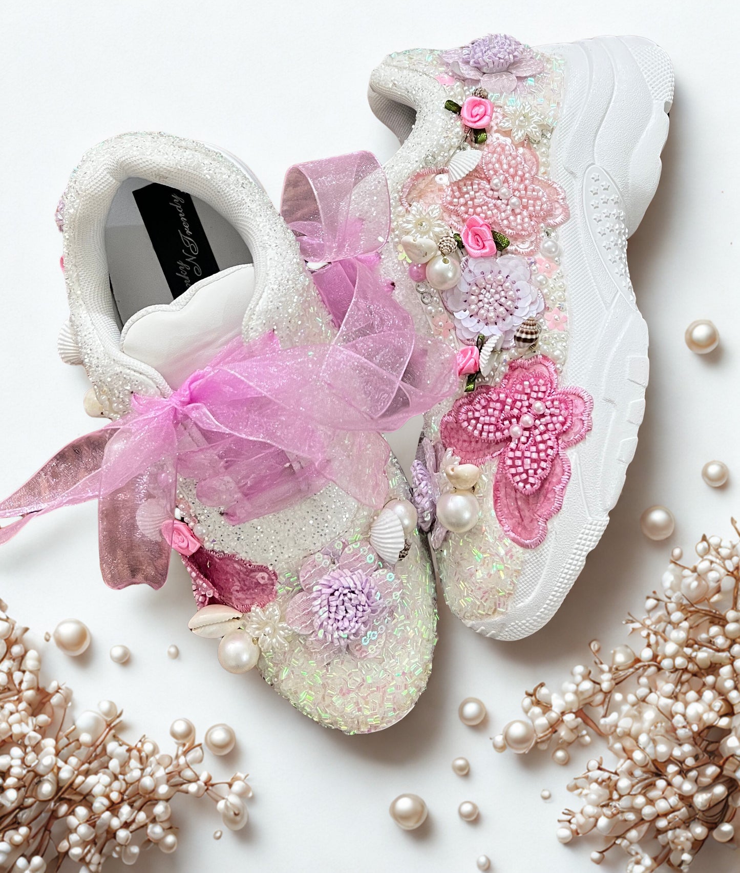 FUNKY N TRENDY pink /white/ purple lilac theme floral butterfly sneakers with shells pearls detailing for brides / bridesmaids with custom couple name initials/ pink shoes / purple shoes