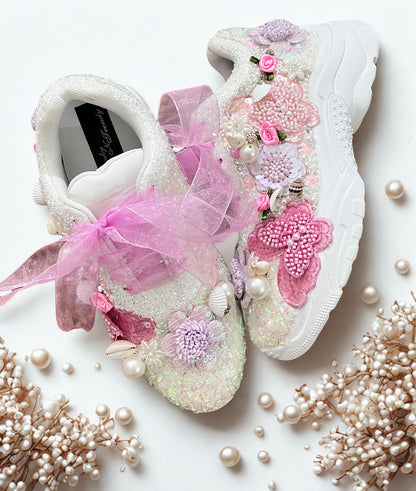 FUNKY N TRENDY pink /white/ purple lilac theme floral butterfly sneakers with shells pearls detailing for brides / bridesmaids with custom couple name initials/ pink shoes / purple shoes