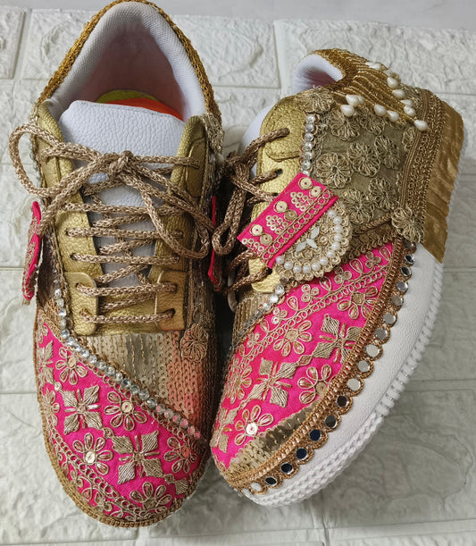 FUNKY N TRENDY hot pink sneakers with rhinestone detailing for brides /bridesmaids / sneakers for bridesmaids/ handcrafted sneakers/ sequine sneakers / bridal sneakers / bridesmaid sneakers/ pink sneakers / gold shoes/ rani pink sneakers