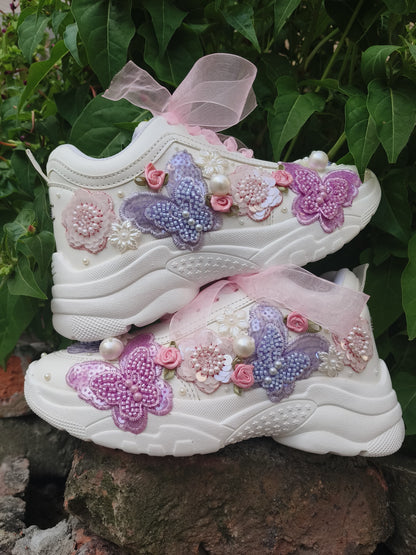 FUNKY N TRENDY purple/white/ pink lilac floral butterfly theme sneakers with pearls detailing for brides / bridesmaids with custom couple name initials/ pink shoes / peach shoes