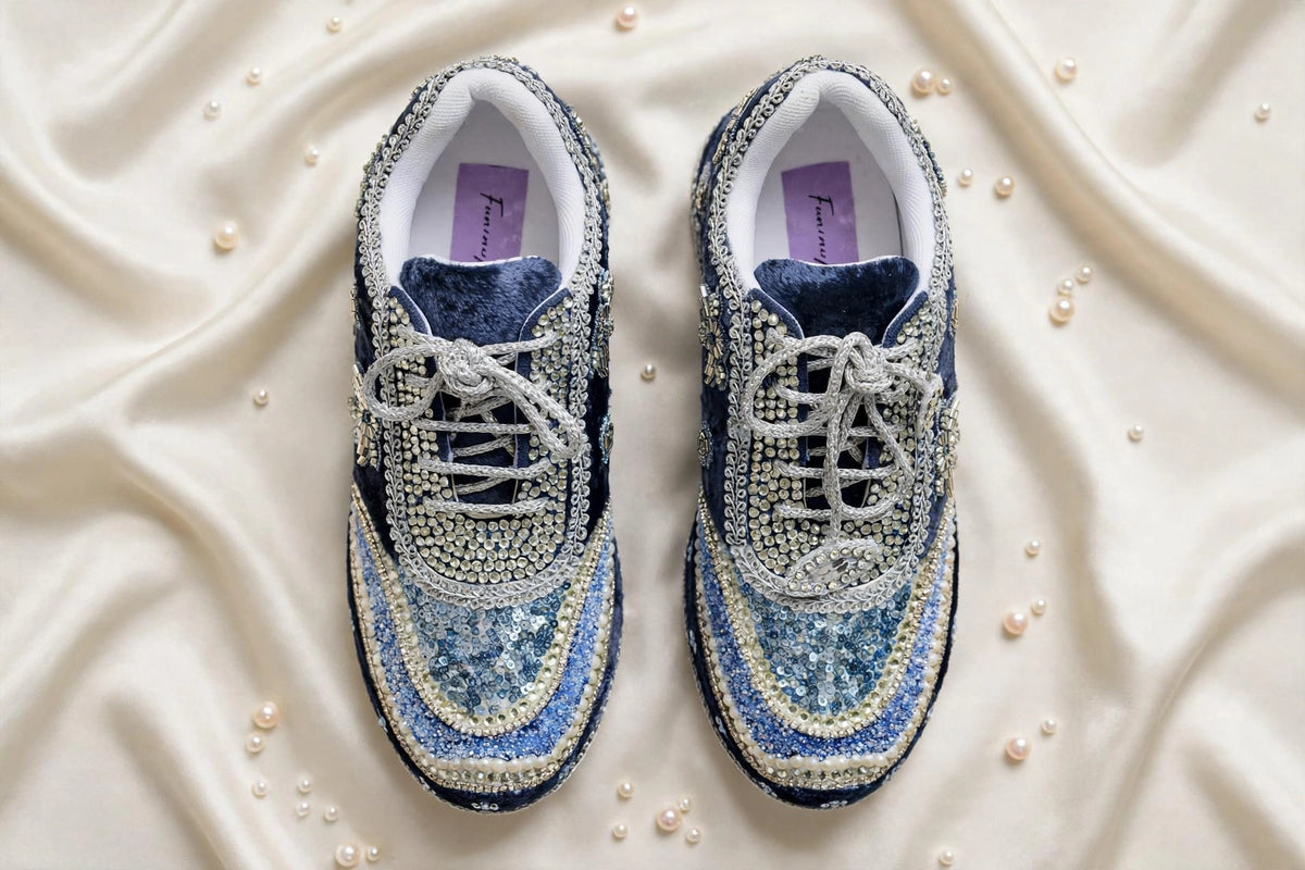 Midnight Blue Velvet Bridal Sneakers with Silver Cutdana & Crystal Embellishments