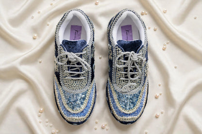 Midnight Blue Velvet Bridal Sneakers with Silver Cutdana & Crystal Embellishments
