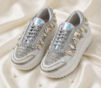 FUNKY N TRENDY silver sneakers for brides / silver sneakers for bridesmaids/ silver sneakers / bridal sneakers / bridesmaid sneakers/ silver hand work sneakers