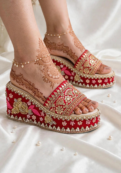 Handcrafted Bridal Embroidered Wedges - Red / Gold