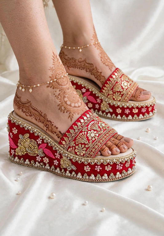 Handcrafted Bridal Embroidered Wedges - Red / Gold
