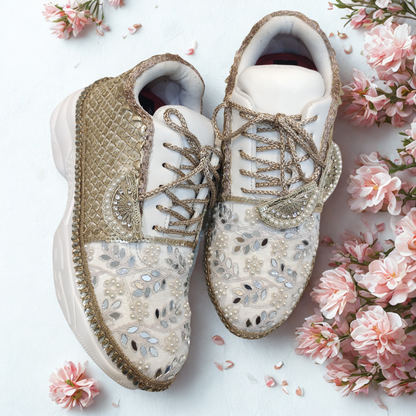 Funky N Trendy Ivory Gold Magic Bridal Sneakers – Custom Pearl and Mirror Detailing