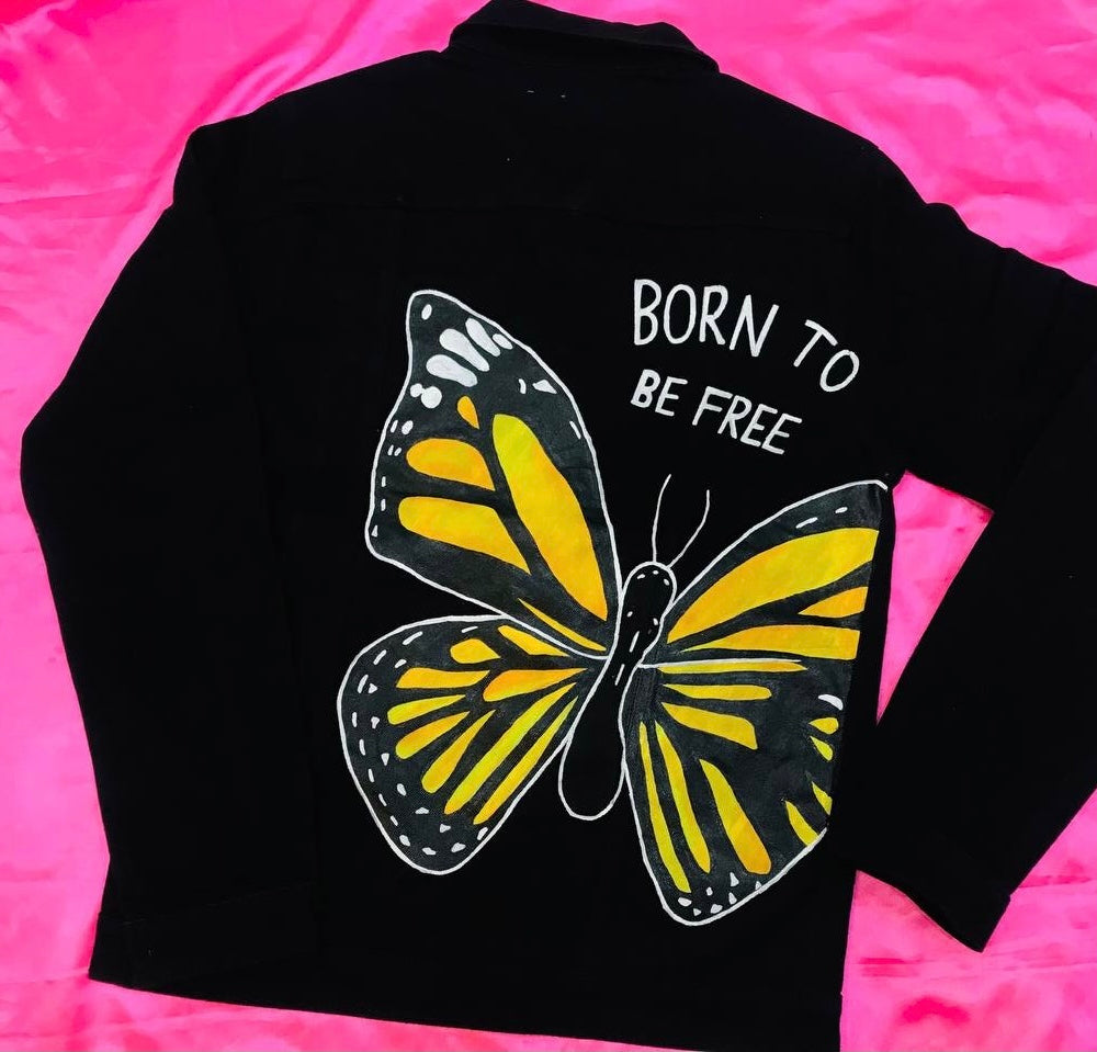 Funky N Trendy hand painted black butterfly theme denim jacket for women