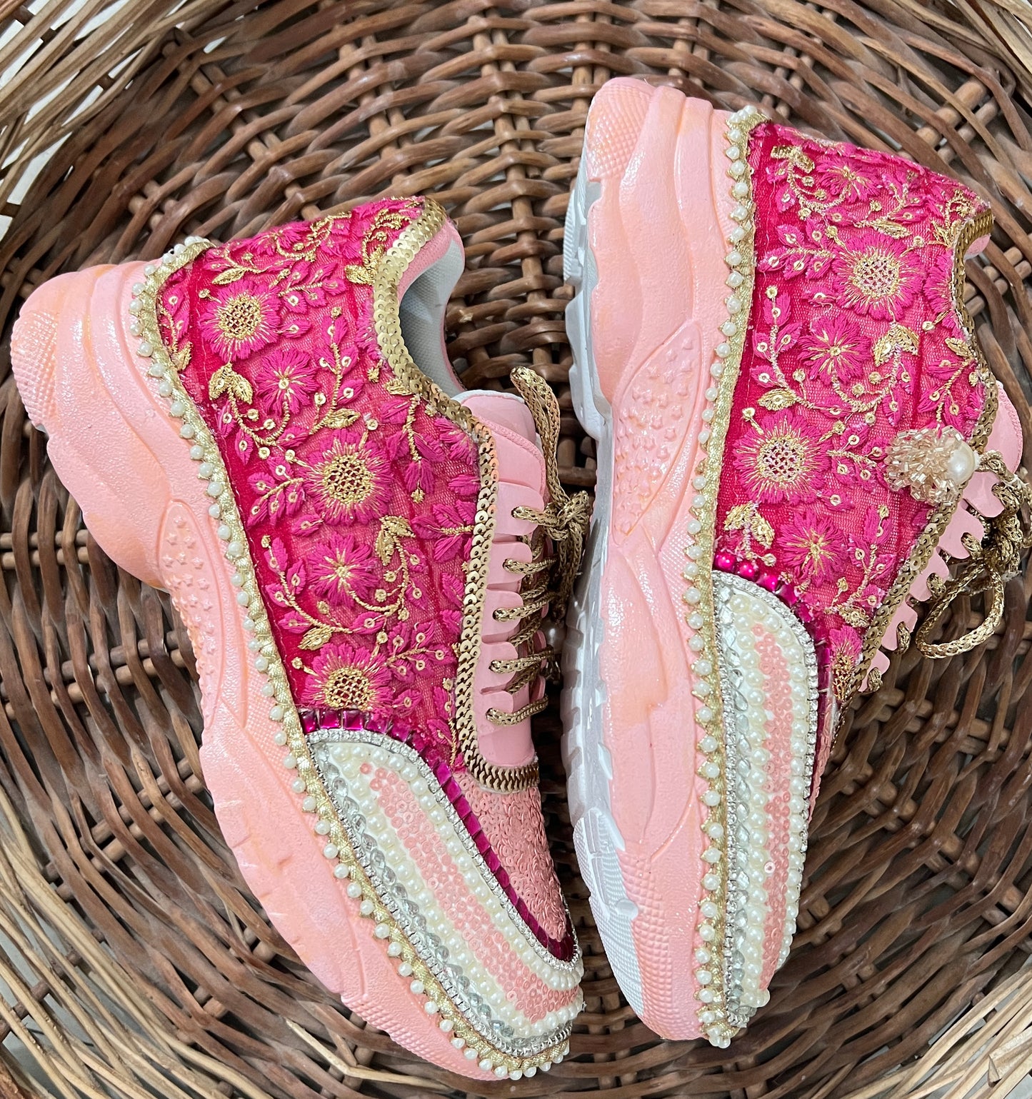 FUNKY N TRENDY peach/pink / pink embroidery sneakers with pearls detailing for brides / bridesmaids with custom couple name initials/ pink shoes / peach shoes/ rani color sneakers