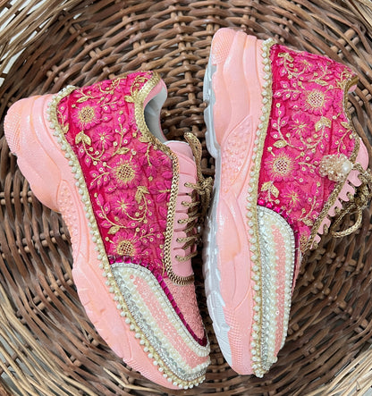 FUNKY N TRENDY peach/pink / pink embroidery sneakers with pearls detailing for brides / bridesmaids with custom couple name initials/ pink shoes / peach shoes/ rani color sneakers