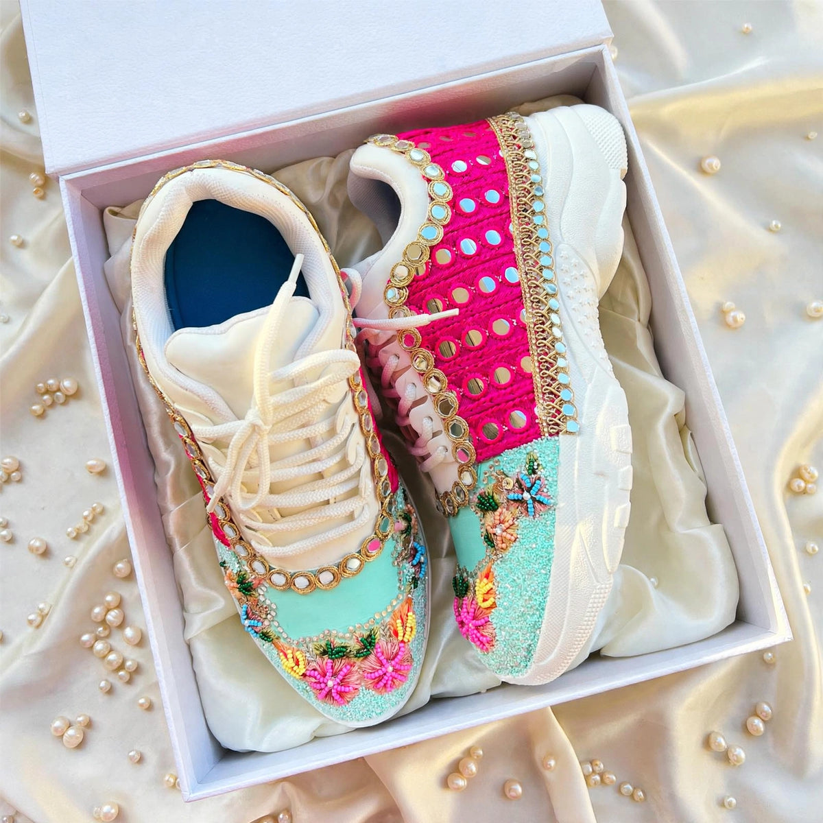 Funky N Trendy hand crafted powder blue theme bridal sneakers/ bridesmaid sneaker / powder blue sneakers/ pink floral theme sneakers / blue pink shoes / floral sneakers