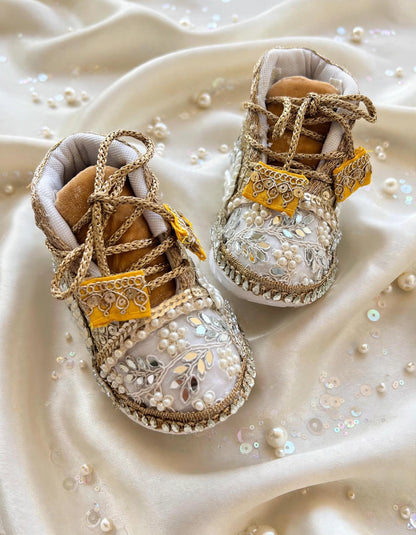 Aaira - Ivory & Gold Baby Girl Ethnic Sneakers | Pearl & Mirror Work First Birthday Shoes