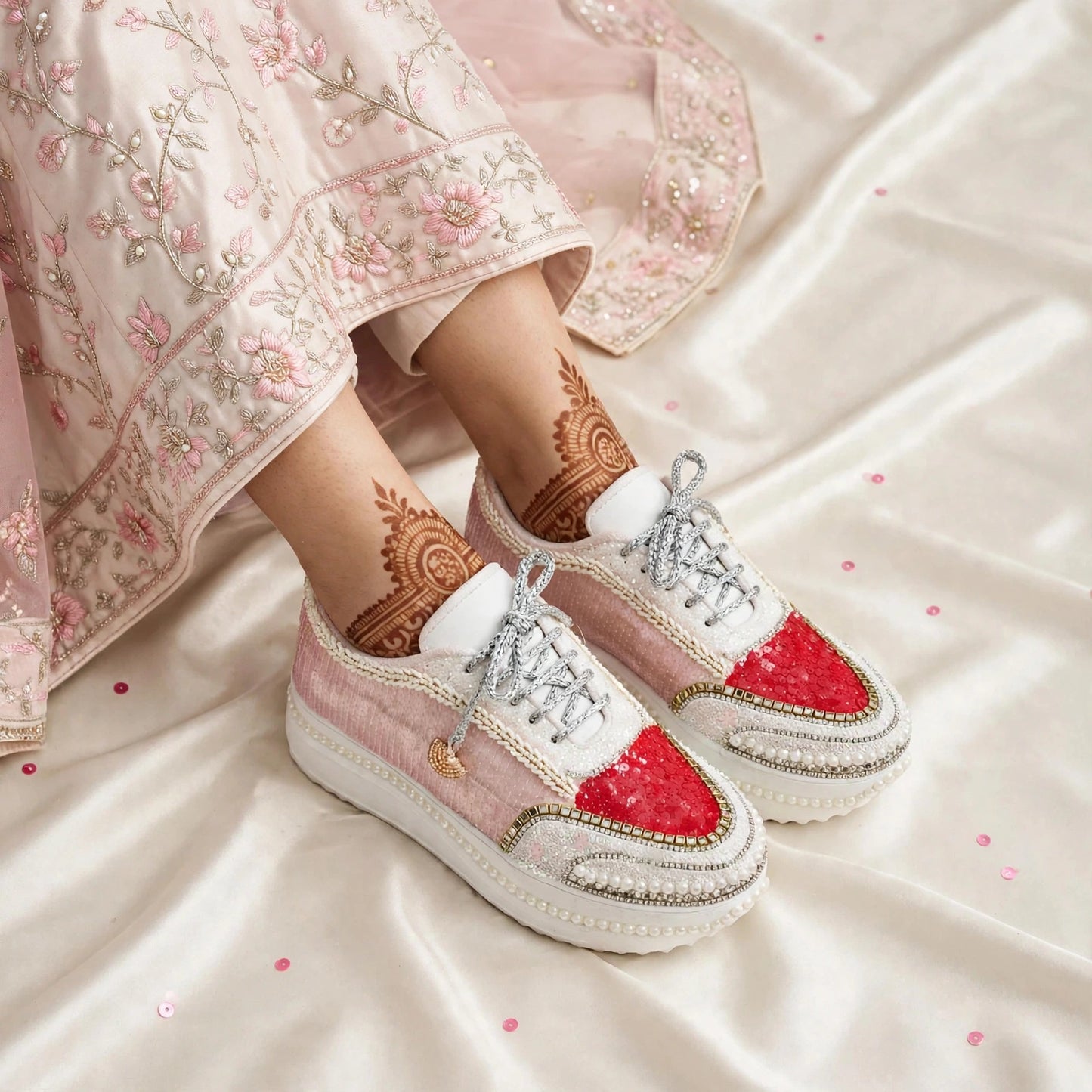 FUNKY N TRENDY red and pink theme hand work sneakers for brides / bridesmaids/ pink sneakers / ree sneakers / red and pink shoes / pink and red sneakers