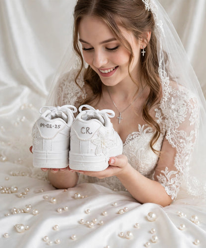 The Pearl - Hand Embroidered White Bridal Sneakers with Pearl Flowers