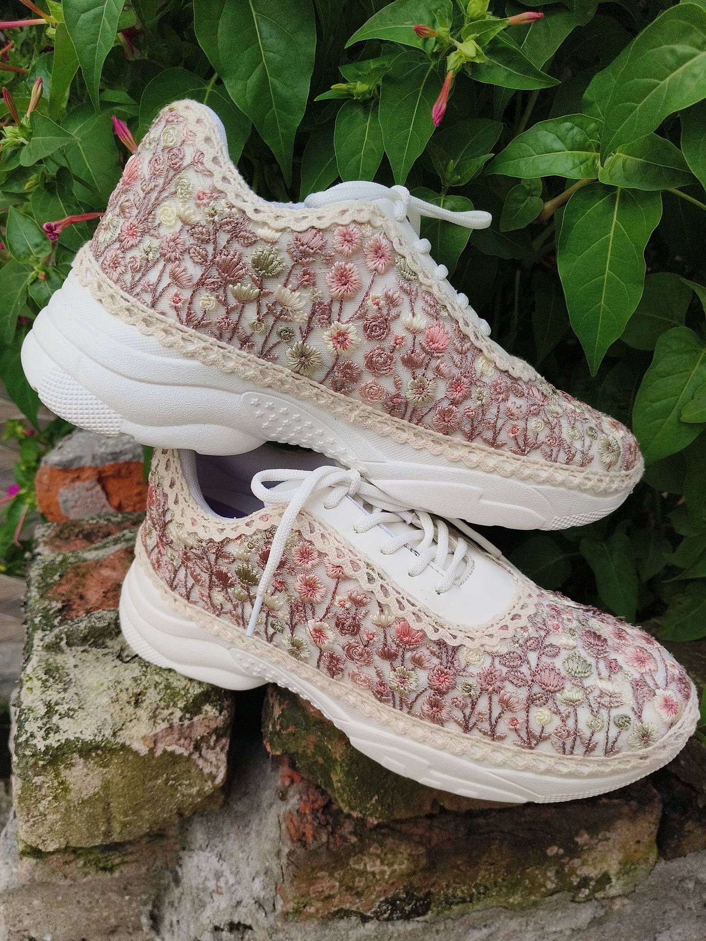 FUNKY N TRENDY fully hand crafted threadwork floral sneakers/ floral shoes/ pink sneakers/ lavender sneakers