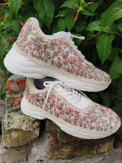 FUNKY N TRENDY fully hand crafted threadwork floral sneakers/ floral shoes/ pink sneakers/ lavender sneakers
