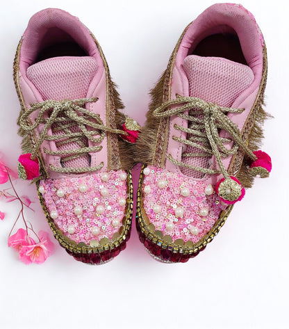 Funky N Trendy Hot pink sequine work with stone detailing bridal sneakers/ bridesmaid sneaker / golden sneakers/ hot pink sneakers / pink shoes for bride/ rani pink sneakers