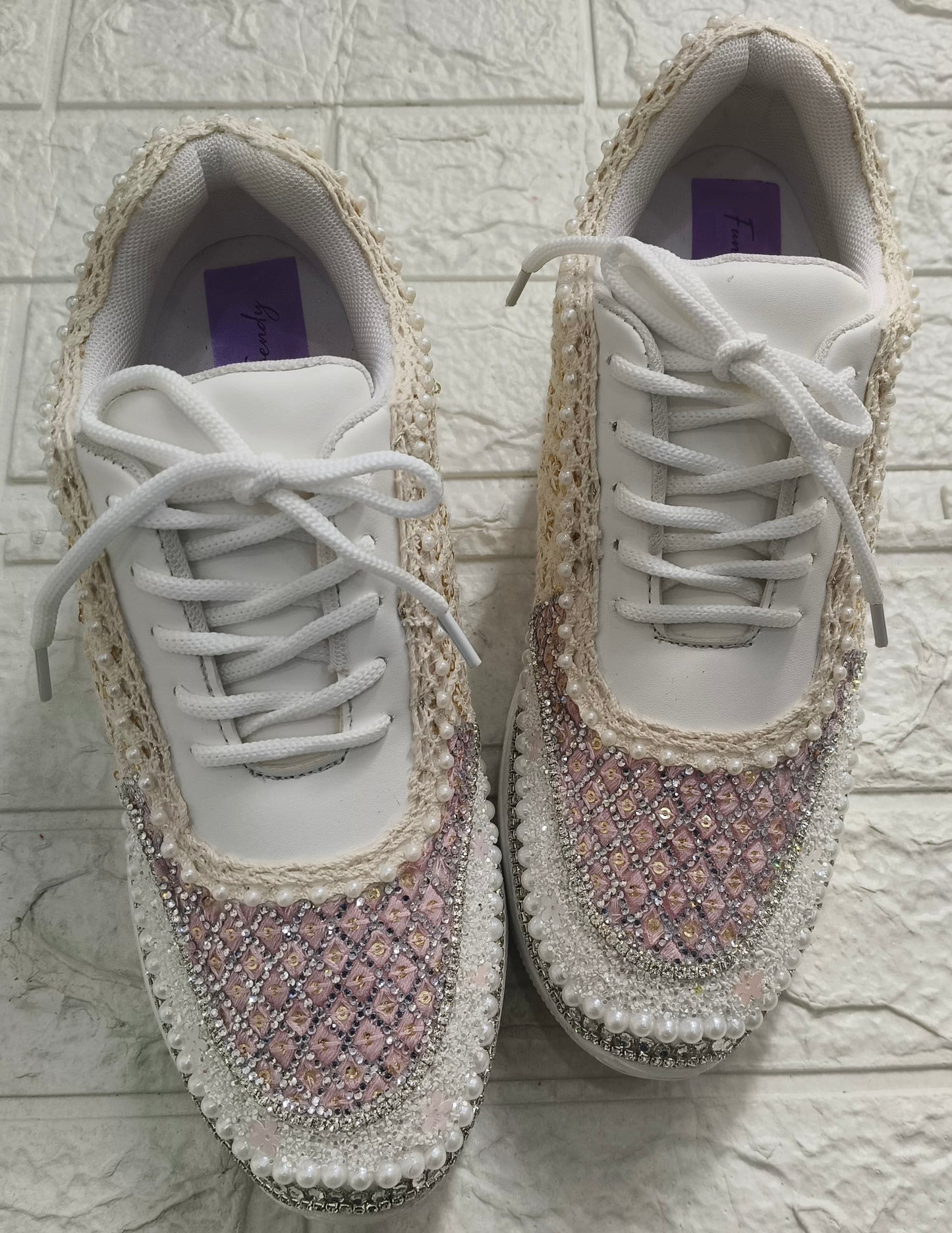 Funky N Trendy ivory and pink embroidery work bridal sneakers/ bridesmaid sneaker / golden sneakers/ pink sneakers / sequine work sneakers/ pink shoes/ silver golden sneakers