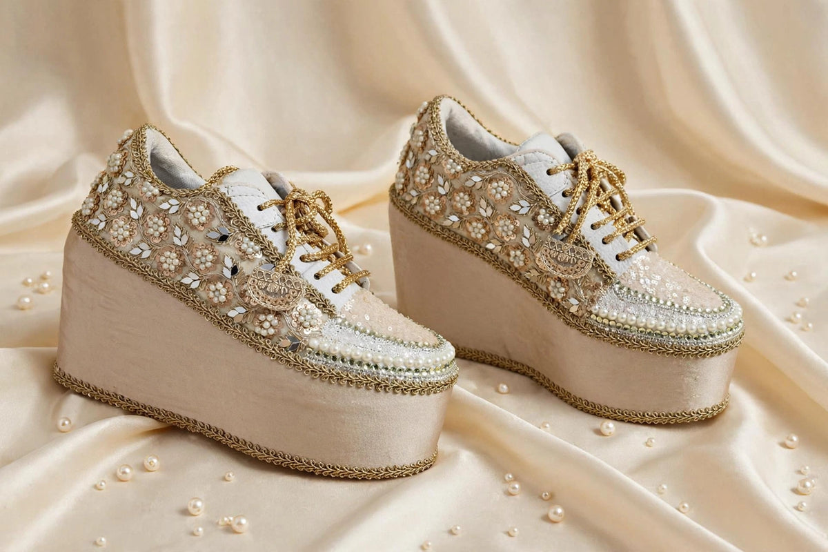 FUNKY N TRENDY Rose Gold Mirror sequine work sneakers - wedge sneakers heeled sneakers/ Rose gold sneakers