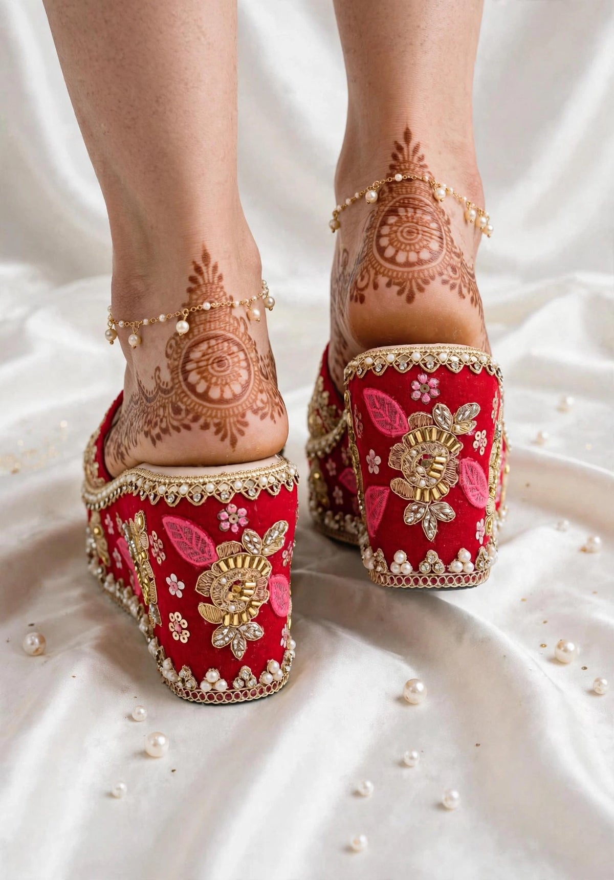 Handcrafted Bridal Embroidered Wedges - Red / Gold