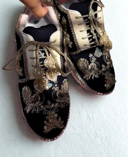Funky N Trendy handcrafted hand embroidered cutdana work bridal sneakers/ bridesmaid sneaker / black sneakers /black boho sneakers/ black shoes/ unisex shoes / men shoes / women shoes