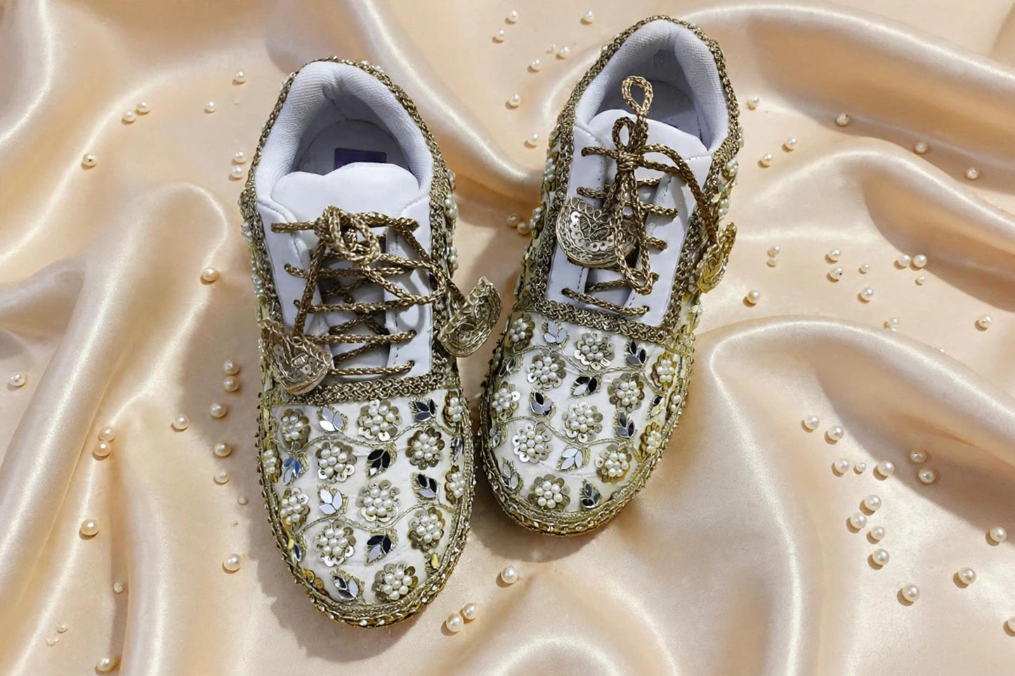 Mirror leaves Pearl blossom Dull gold/ beige Bridal Sneakers – Floral Embroidery” / gold sneakers /ivory sneakers/peach sneakers