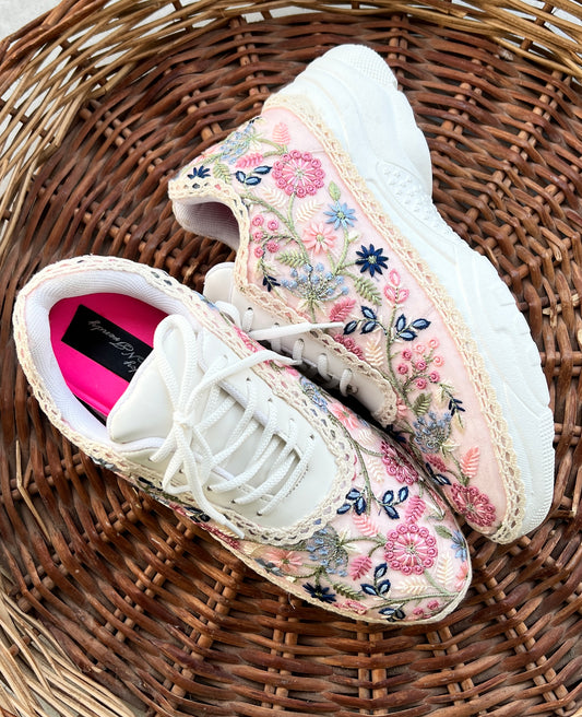 FUNKY N TRENDY fully hand crafted floral work/ threadwork sneakers /bridal sneakers / bridesmaid sneakers/ floral sneakers /colorful sneakers /bridal shoes / haldi mahendi shoes/ multi color shoes / pink sneakers/pink and blue sneakers