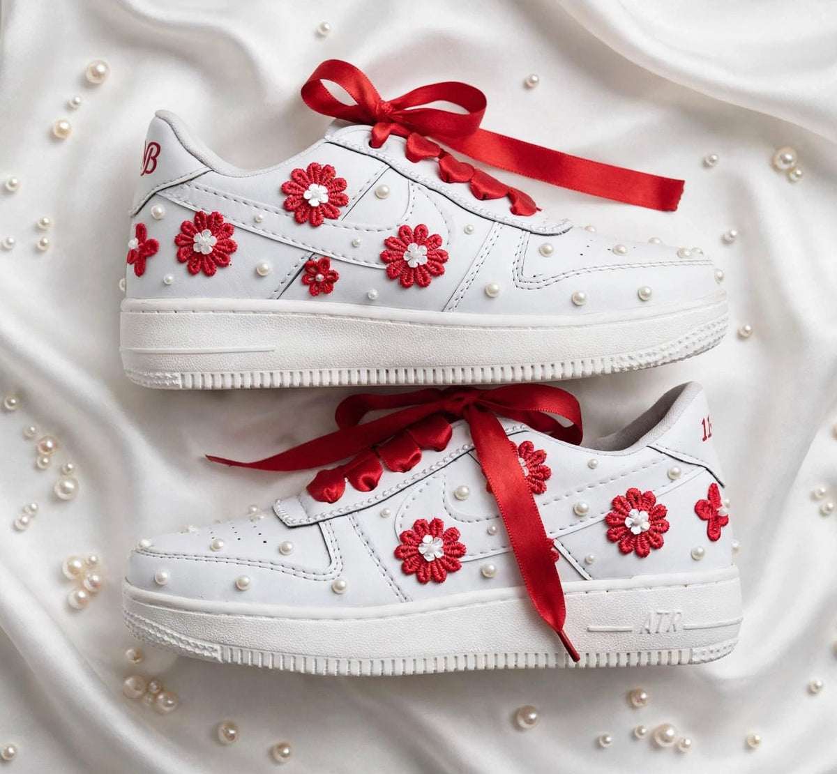 Funky N Trendy red and white pearl work sneakers with floral detailing / bridal sneakers/ sneaker for bride / white sneakers/ pearl sneakers for bride personalised sneakers for brides