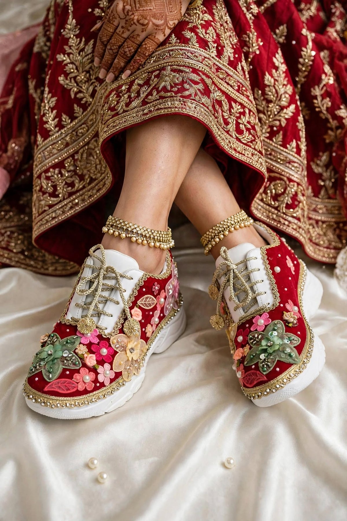 Laal Ishq - Red Bridal Sneakers with Multicolor Floral Embroidery & Pearls
