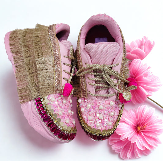 Funky N Trendy Hot pink sequine work with stone detailing bridal sneakers/ bridesmaid sneaker / golden sneakers/ hot pink sneakers / pink shoes for bride/ rani pink sneakers