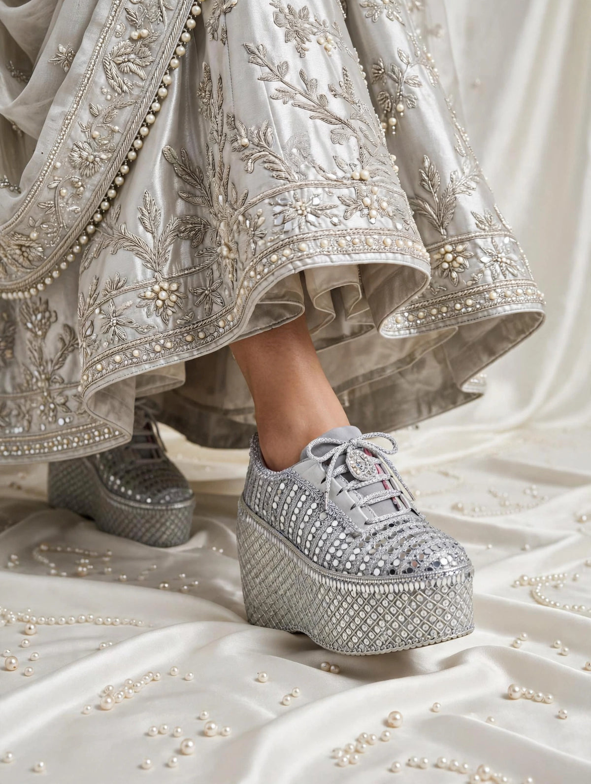 FUNKY N TRENDY Silver Mirror work sneakers - wedge sneakers heeled sneakers/ silver sneakers