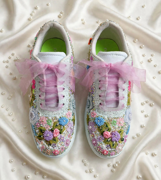 FUNKY N TRENDY fully hand crafted floral work with beads rhinestones cutdana/bridal sneakers / bridesmaid sneakers/ floral sneakers /colorful sneakers /bridal shoes / haldi mahendi shoes/ multi color shoes / pastel sneakers