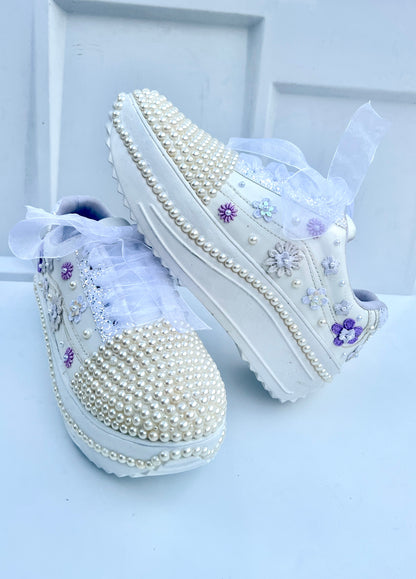 Funky N Trendy white pearl work sneakers with purple / lavender floral detailing / pearl sneakers