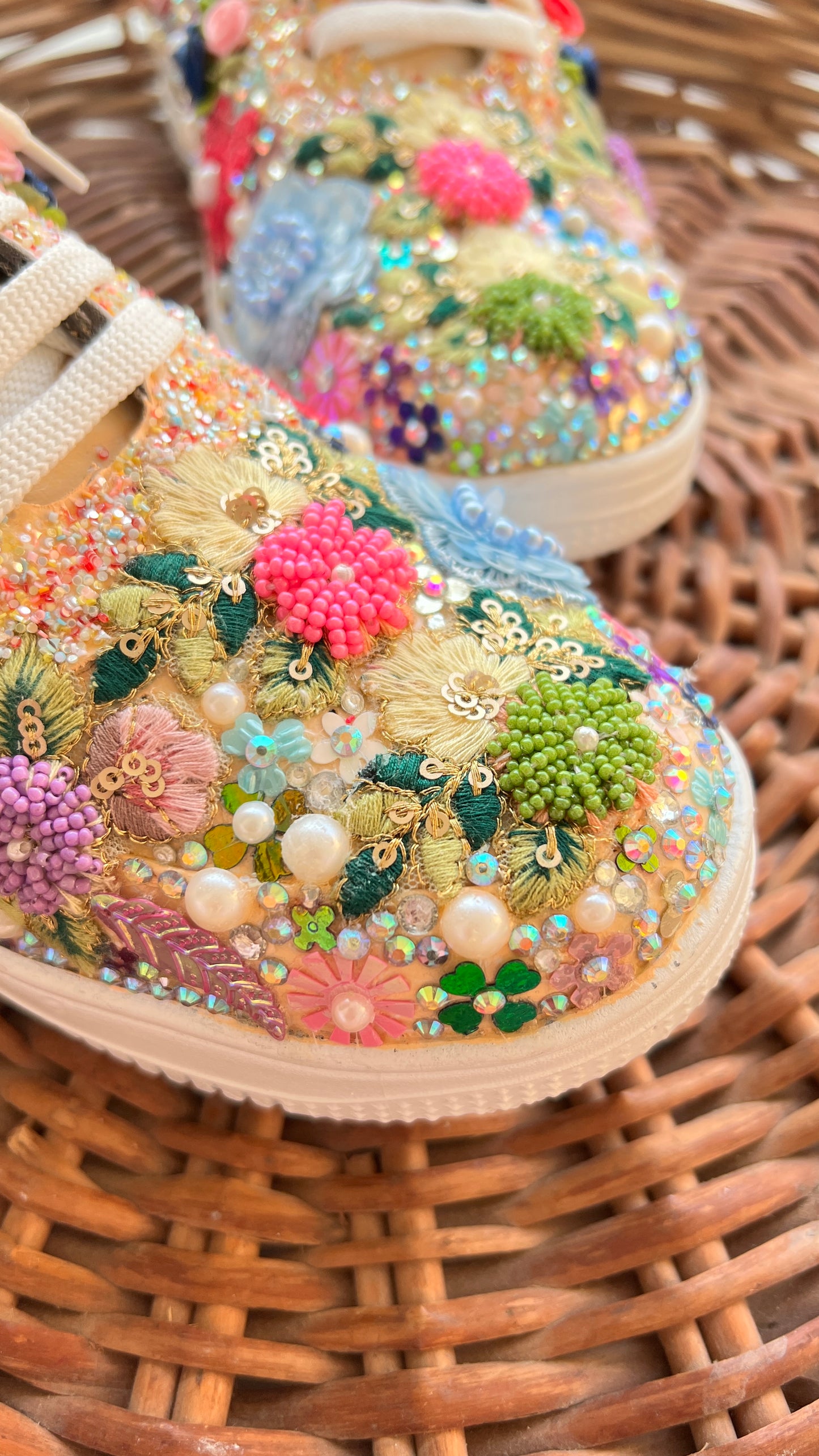 FUNKY N TRENDY fully hand crafted floral work with beads rhinestones cutdana etc /bridal sneakers / bridesmaid sneakers/ floral sneakers /colorful sneakers /bridal shoes / haldi mahendi shoes