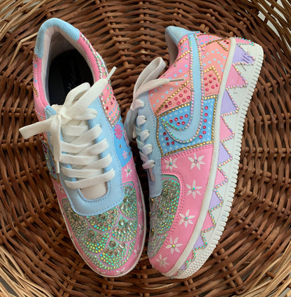 FUNKY N TRENDY pink theme hand crystalized sneakers for brides / bridesmaids/ pink sneakers / pastel sneakers / pink shoes / rhinestone work shoes