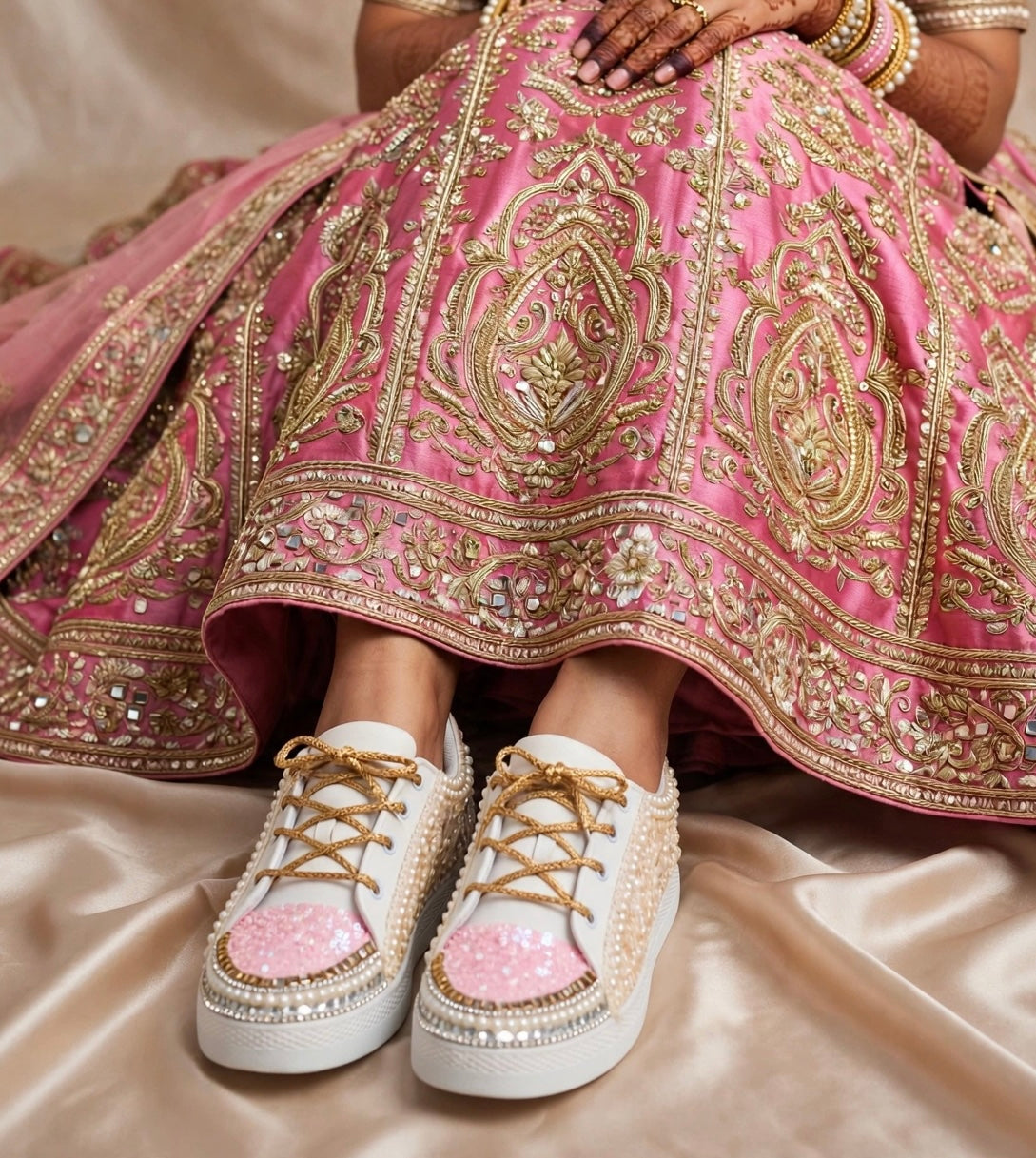 Funky N Trendy ivory and pink embroidery work bridal sneakers/ bridesmaid sneaker / golden sneakers/ pink sneakers / sequine work sneakers/ pink shoes