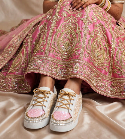 Funky N Trendy ivory and pink embroidery work bridal sneakers/ bridesmaid sneaker / golden sneakers/ pink sneakers / sequine work sneakers/ pink shoes