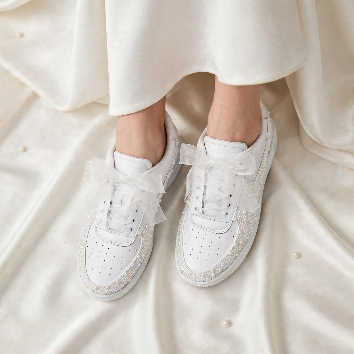 LUNA - Custom Pearl Bridal Sneakers with Wedding Date & Initials | Hand-Embellished White Wedding Sneakers