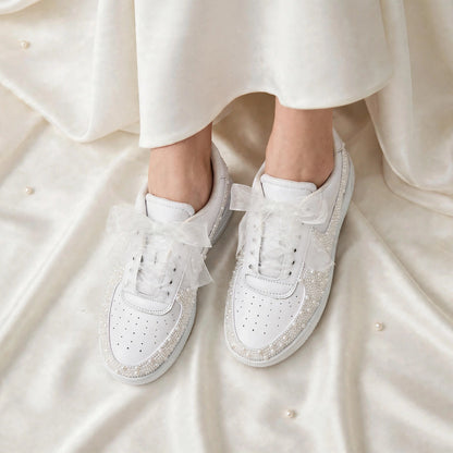 LUNA - Custom Pearl Bridal Sneakers with Wedding Date & Initials | Hand-Embellished White Wedding Sneakers
